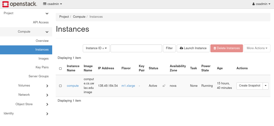 OpenStack instances page