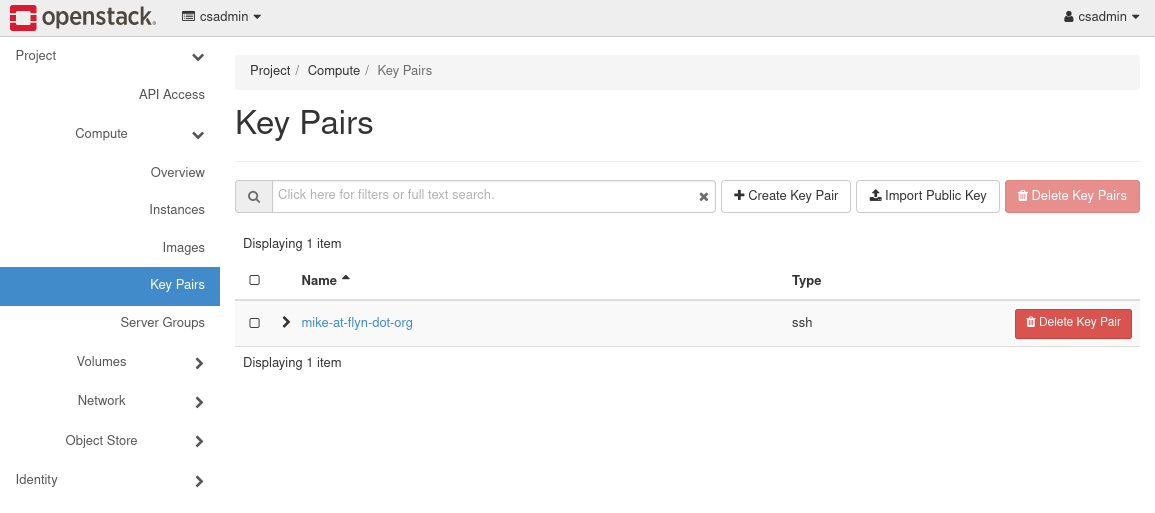 OpenStack keypair page