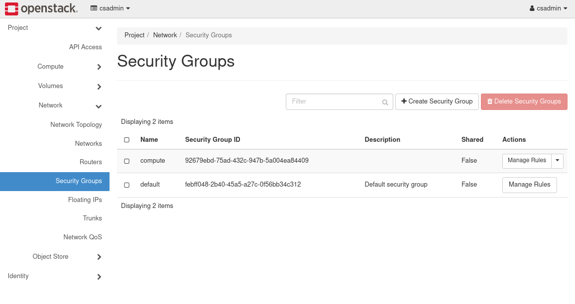 OpenStack security group page